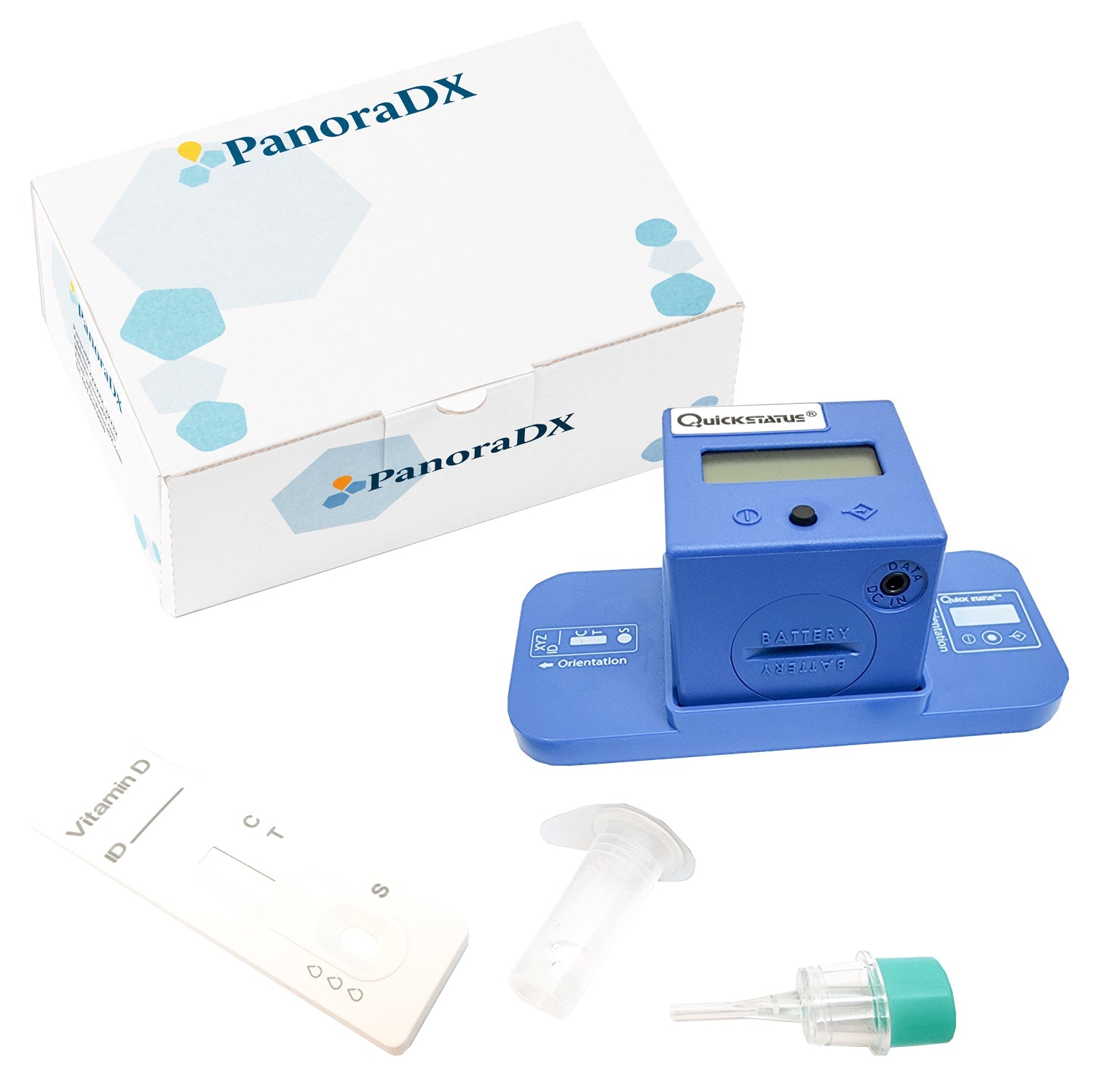 PanoraDX Vitamin D test kit — reader device, test strip, and collection tube